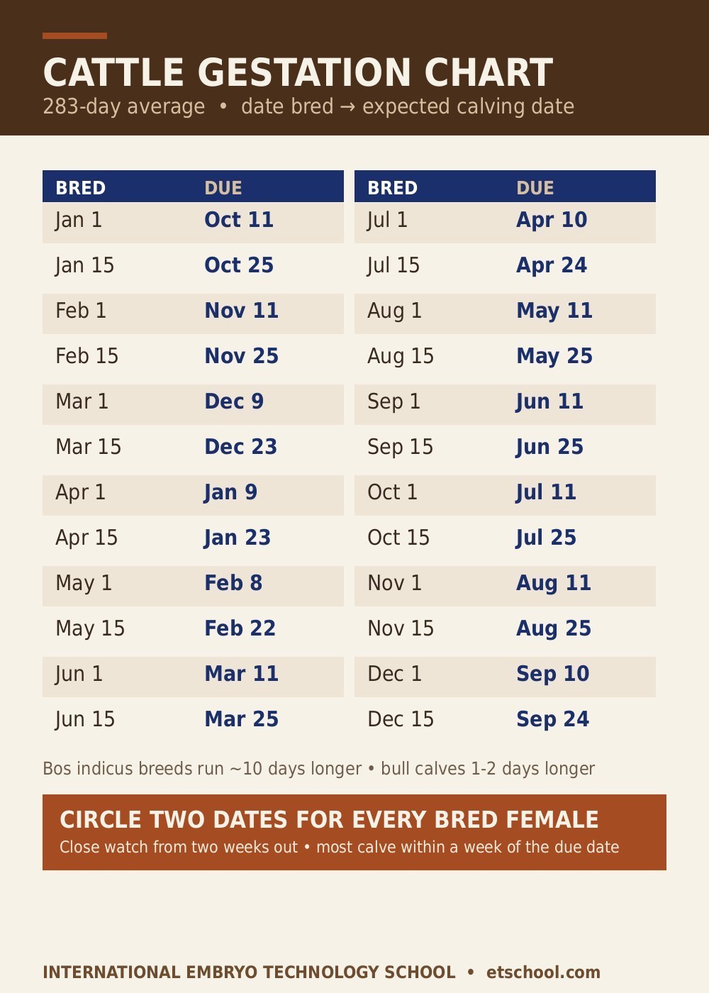 Printable cattle gestation chart - breeding date to expected calving date, 283-day average